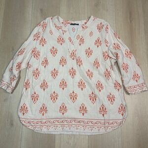 Tahari Women 1X Linen Tunic Top Orange Damask Block Print 3/4 Sleeve Blouse